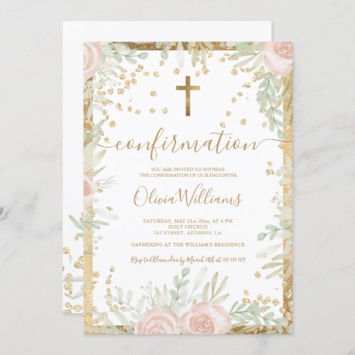 Gold pink green floral watercolor confirmation invitation