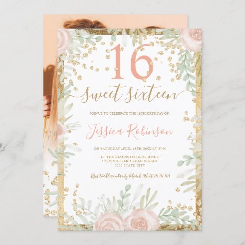 Gold pink green floral watercolor Sweet 16 photo Invitation