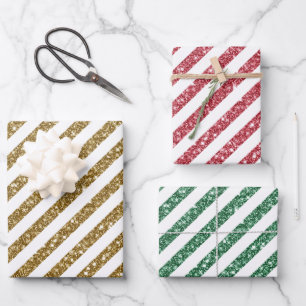 Gold Pink Green Glitter Stripes Christmas Wrapping Paper Sheets