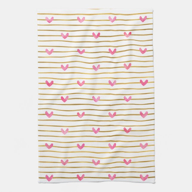 Gold Pink Hearts and Stripes Kitchen Towel (Vertical)