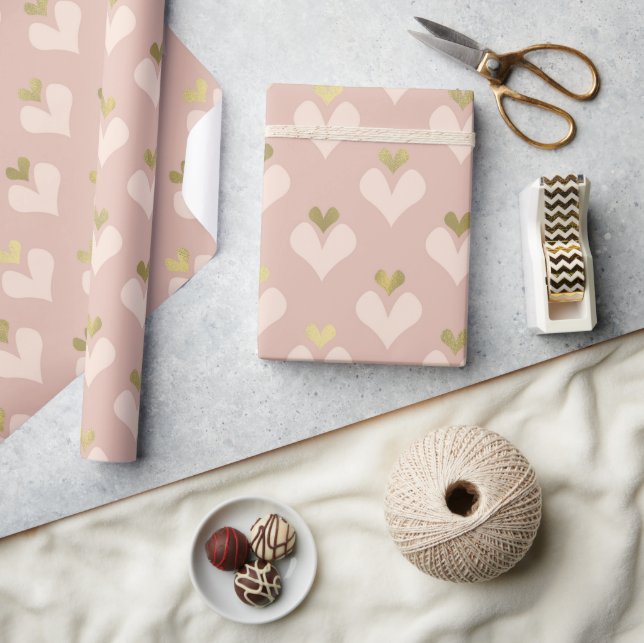 Gold Pink Hearts Valentine's Day Wrapping Paper (Crafts)