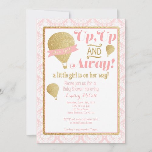 Gold Pink Hot Air Balloon Baby Shower Invitation