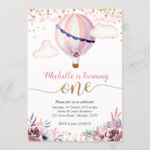 Gold Pink Hot Air Balloon Girl First Birthday Invitation