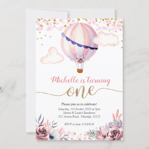 Gold Pink Hot Air Balloon Girl First Birthday Invitation