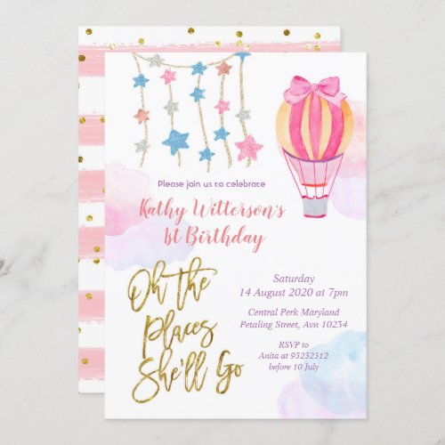 Gold Pink Hot Air Balloon Glitter Star Birthday Invitation