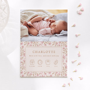 gold pink icons   baby birth announcement card