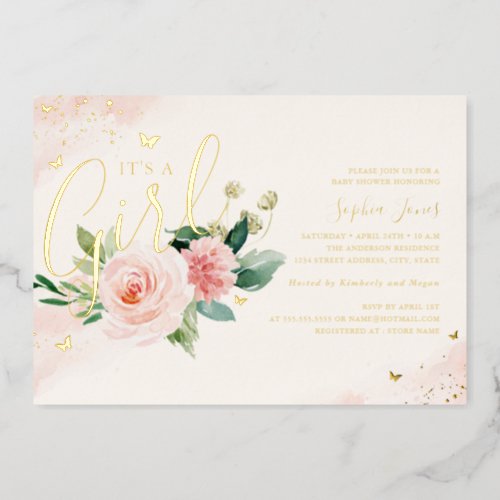 Gold Pink Its A Girl Baby Shower  Foil Invitation