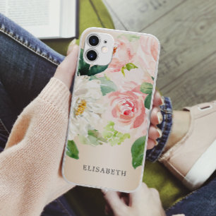 Gold Pink ivory Watercolor Floral with Your Name iPhone 11 Case