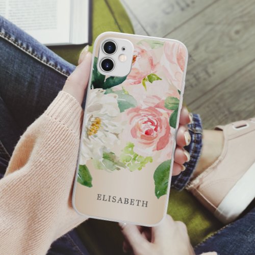 Gold Pink  ivory Watercolor Floral with Your Name iPhone 11 Case
