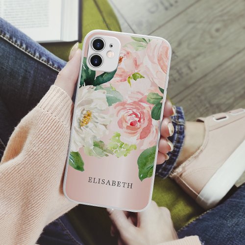 Gold Pink  ivory Watercolor Floral with Your Name iPhone 11 Case