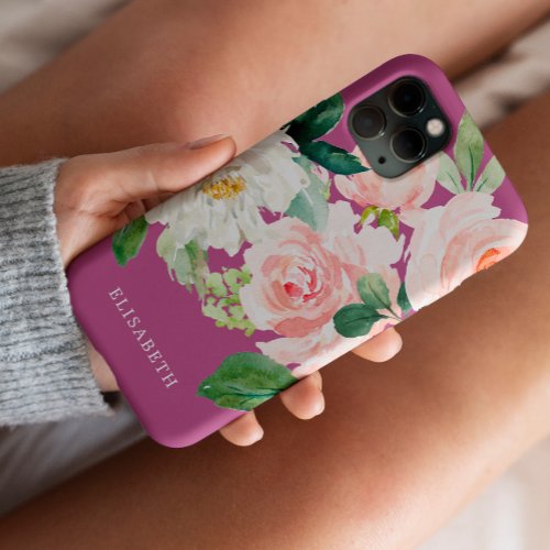 Gold Pink  ivory Watercolor Floral with Your Name iPhone 11 Case