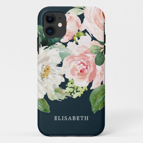 Gold Pink  ivory Watercolor Floral with Your Name iPhone 11 Case