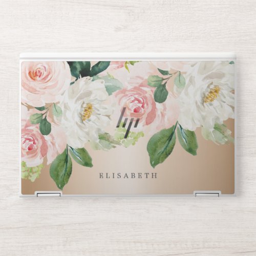 Gold Pink  ivory Watercolor Floral with Your Name HP Laptop Skin