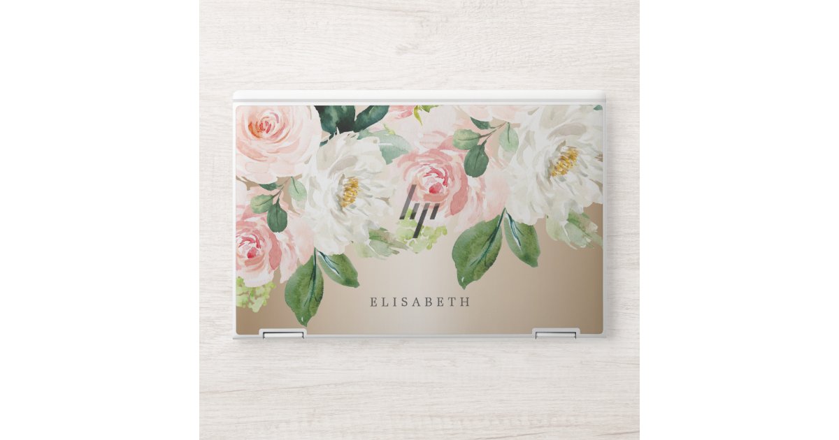 Gold Pink ivory Watercolor Floral with Your Name HP Laptop Skin | Zazzle