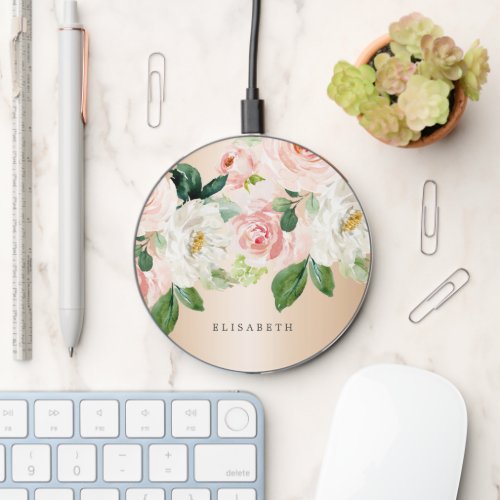 Gold Pink  ivory Watercolor Floral with Your Name Wireless Charger