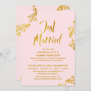 Gold & Pink Just Married Post Wedding Party Invitation