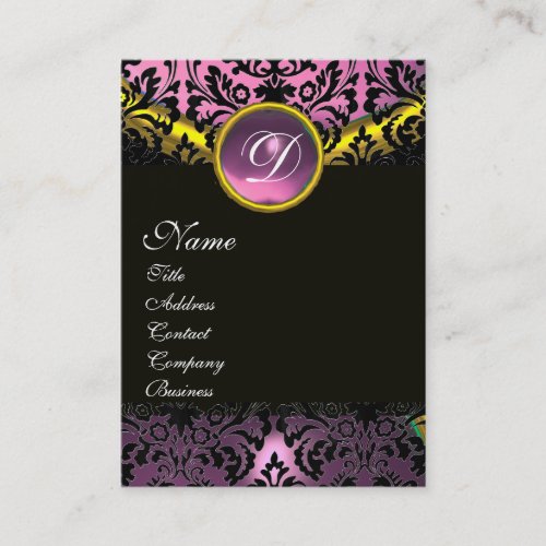 GOLD PINK LAVENDER  BLACK AMETHYST DAMASK MONOGRAM BUSINESS CARD