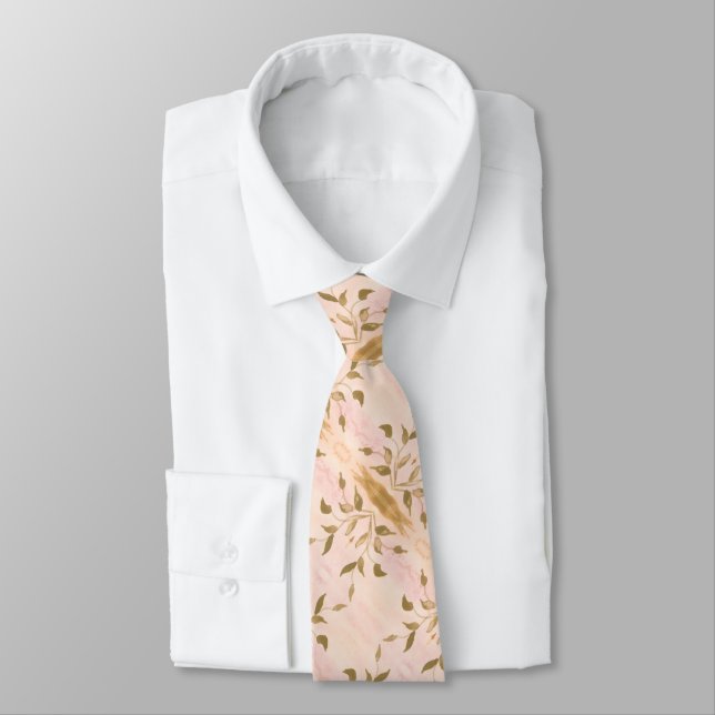 Gold pink leaf pattern neck tie (Tied)