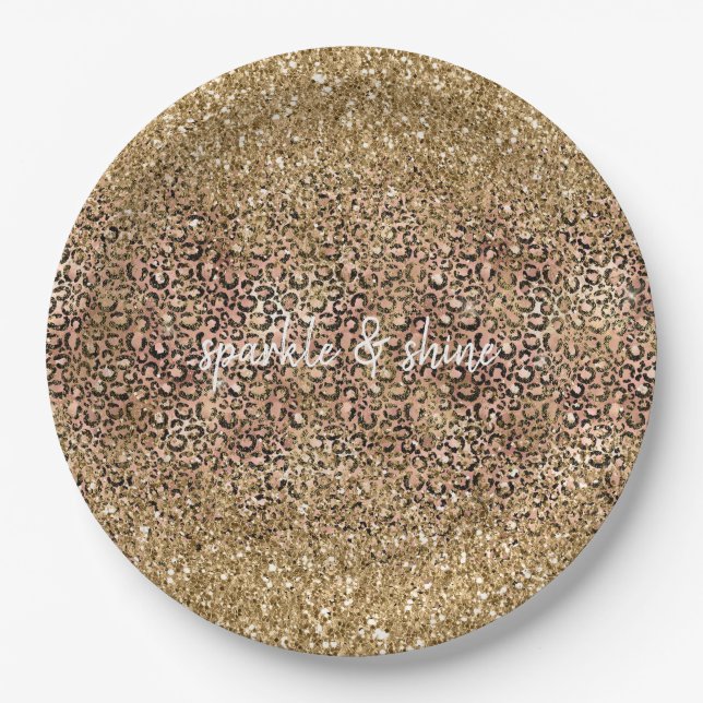 Gold Pink Leopard Print Glitter personalized Paper Plates (Front)