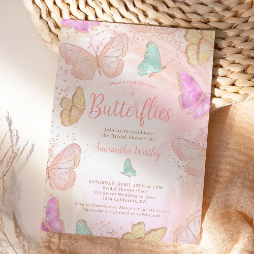 Gold pink Lifetime of butterflies bridal shower Invitation