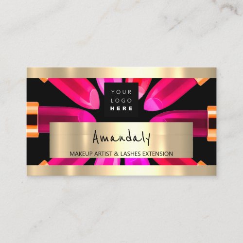 Gold Pink Lipstick Shop QRCODE Logo Makeup Artist  Business Card
