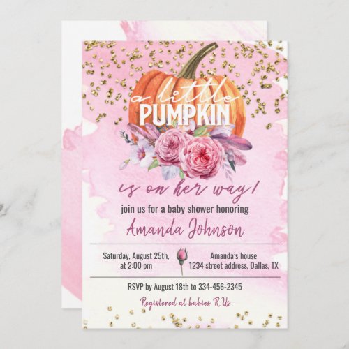 Gold  Pink Little Pumpkin Baby Shower Invitation