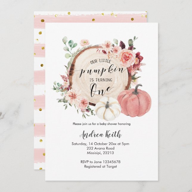 Gold Pink little pumpkin is turning one invitation (Front/Back)