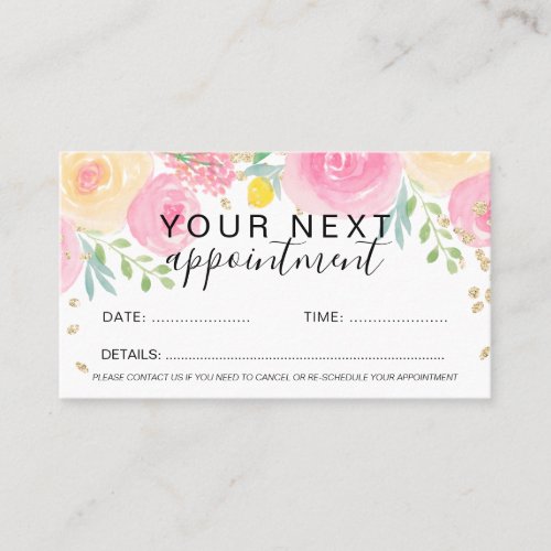 Gold pink loose floral watercolor hair makeup appointment card
