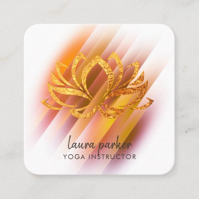 Gold Pink Lotus Flower Yoga Instructor Zen Art Square Business Card (Front)