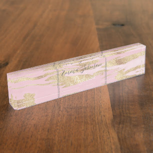Gold Pink Marble Abstract Painting Desk Name Plate