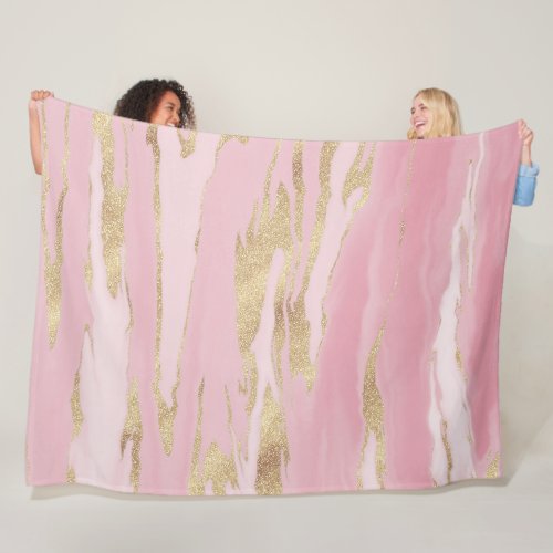 Gold Pink Marble Abstract Painting Fleece Blanket