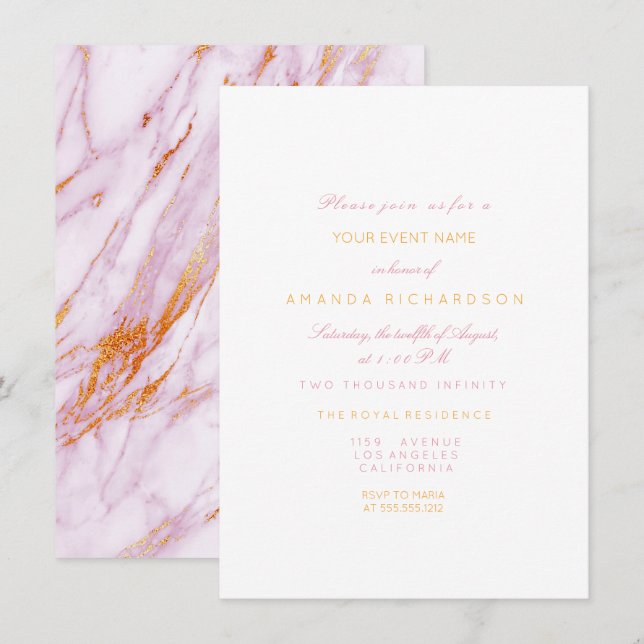 Gold Pink Marble Birthday Party Pastel Forma White Invitation (Front/Back)