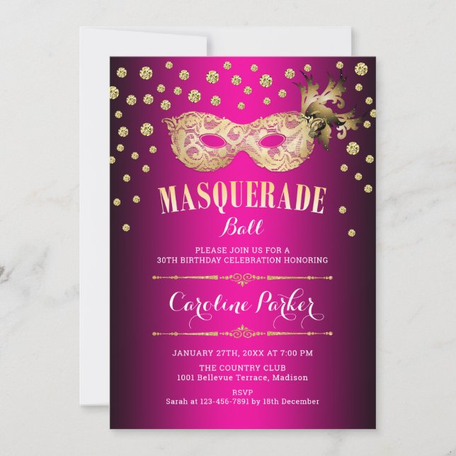 Gold Pink Masquerade Ball Birthday Party Invitation (Front)