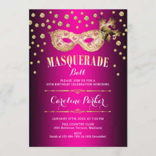 Gold Pink Masquerade Ball Birthday Party Invitation