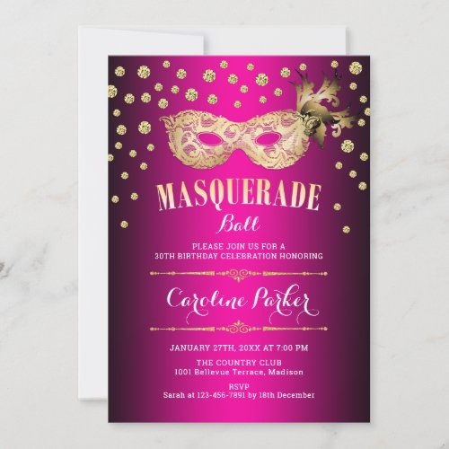 Gold Pink Masquerade Ball Birthday Party Invitation