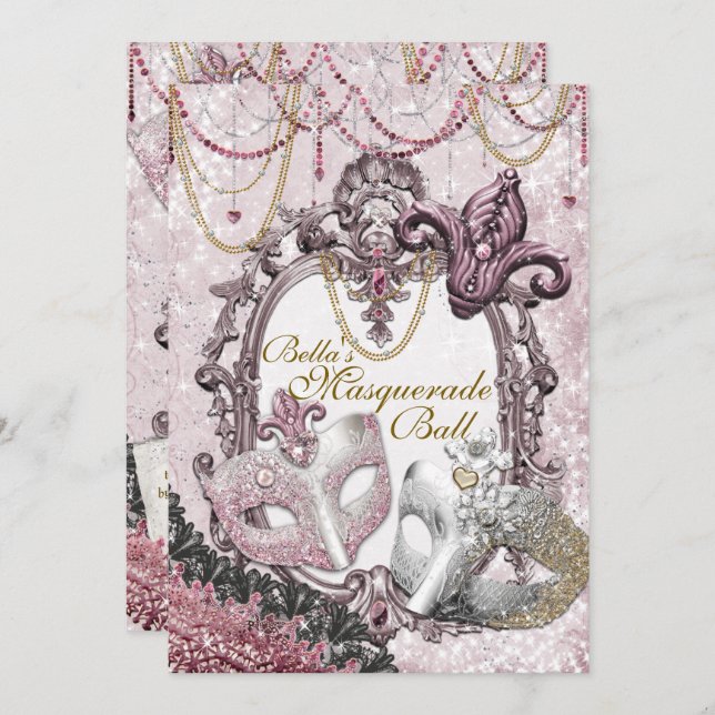 Gold Pink Masquerade Birthday Party Invitations (Front/Back)