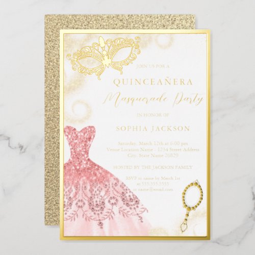 Gold Pink Masquerade Party Dress Quinceanera  Foil Invitation
