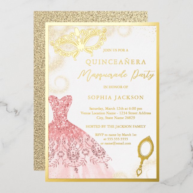 Gold Pink Masquerade Party Dress Quinceanera  Foil Invitation (Front/Back)