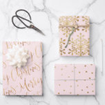 Gold Pink Merry Christmas Script Snowflakes Stars Wrapping Paper Sheets<br><div class="desc">Christmas gift wrapping paper set feature faux gold modern calligraphy merry Christmas script,  bold snowflakes and star pattern on color editable pink background. 
Select "Click to customize further" to custom background color or adjust pattern size.</div>