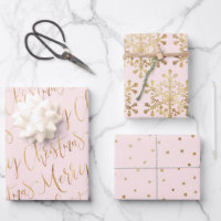 Gold Pink Merry Christmas Script Snowflakes Stars Wrapping Paper Sheets