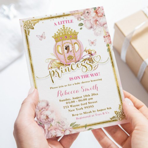 Gold Pink Mexican Princess Carriage Baby Shower Invitation