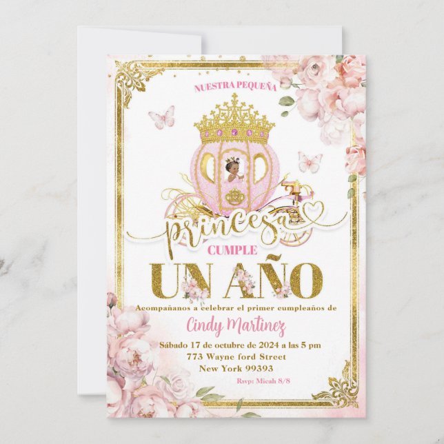Gold Pink Mexican Uno Princesa Carriage Invitacion Invitation (Front)