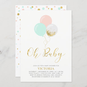 Gold, Pink, Mint Balloons Oh Baby Baby Shower Invitation