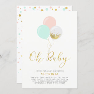 Gold, Pink, Mint Balloons   Oh Baby Baby Shower Invitation