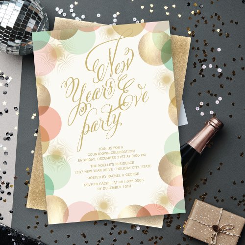 Gold Pink Mint Confetti Stars New Years Eve Party Invitation