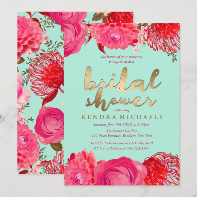 Gold, Pink & Mint Floral Bridal Shower Invitations (Front/Back)
