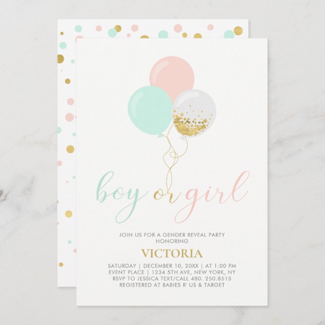 Gold, Pink, Mint | Gender Reveal Baby Shower Invitation (Front/Back)