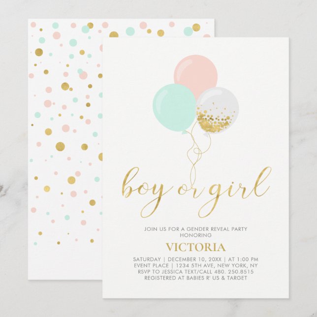 Gold, Pink, Mint | Gender Reveal Baby Shower Invitation (Front/Back)
