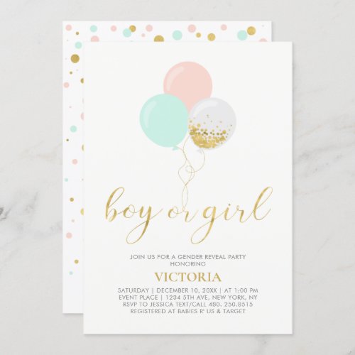 Gold Pink Mint  Gender Reveal Baby Shower Invitation