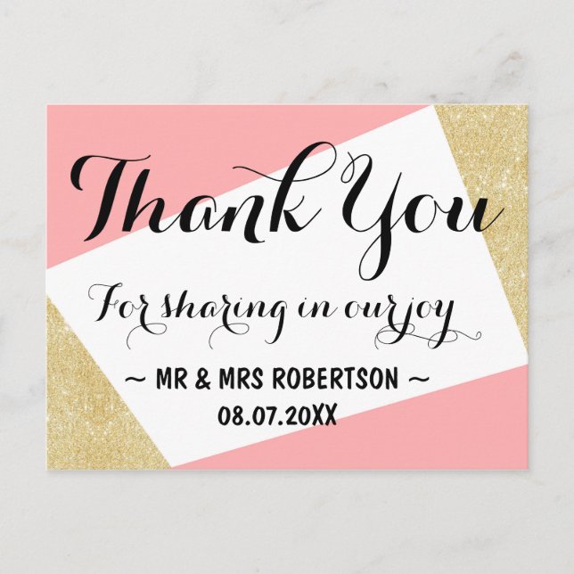Gold pink modern color block wedding thank you postcard (Front)